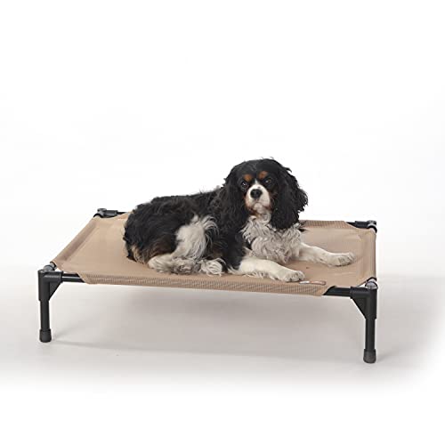 K&H Outdoor Elevated Dog Bed - Cooling Raised Dog Bed for Small & Medium Pets, Breathable Mesh Hammock Design, Indoor/Outdoor Washable Cover, Portable Metal Frame, Tan, Medium 32x25in