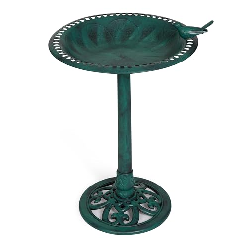 Backyard Expressions Outdoor Garden Bird Bath with Bird - Green - Weather Resistant Polyresin - 30 Inch -