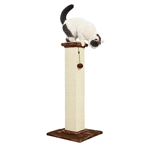 Basics Sturdy Cat Scratching Post for Indoor Cats & Kittens, Classic Single Post with Sisal Rope, Jute Fiber, Wood Base, Large (35.4"H), Brown