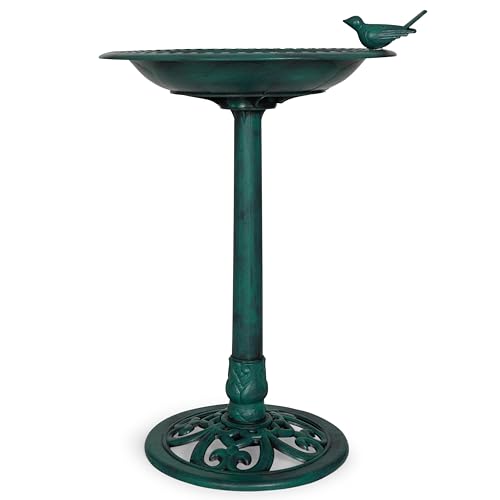 Backyard Expressions Outdoor Garden Bird Bath with Bird - Green - Weather Resistant Polyresin - 30 Inch -