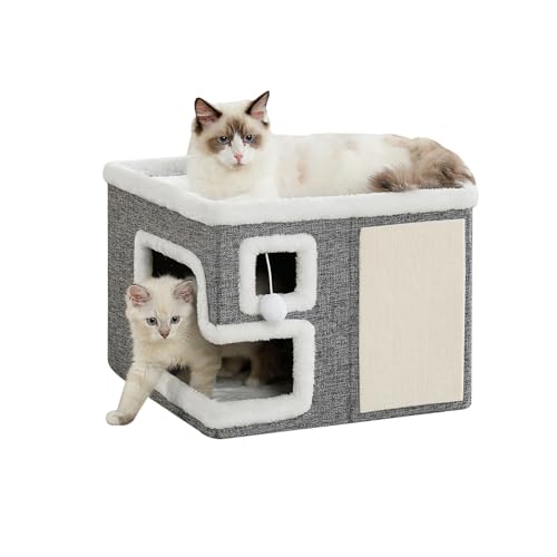 Cat Houses for Indoor Cats, Covered Cave Bed with Scratch Pad and Fluffy Ball, Foldable Cat Hideaway Condo for Large Cats, Modern Kitten
