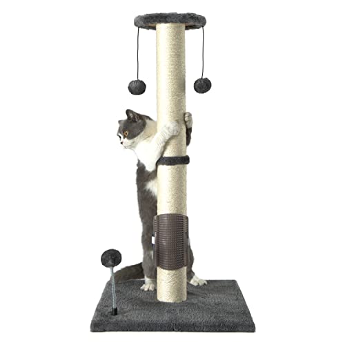 PEEKAB 32" Tall Cat Scratching Post Sisal Scratch Posts,with Hanging Ball and Self-Massage Brush Vertical Scratcher for Indoor Cats and Kittens Gray