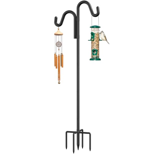 76" Double Hooks Heavy Duty Adjustable Bird Feeder Pole with Sturdy 5-Prong Base, Height Adjustable Shepherds Hook for Hanging Feeders, Plants, Solar