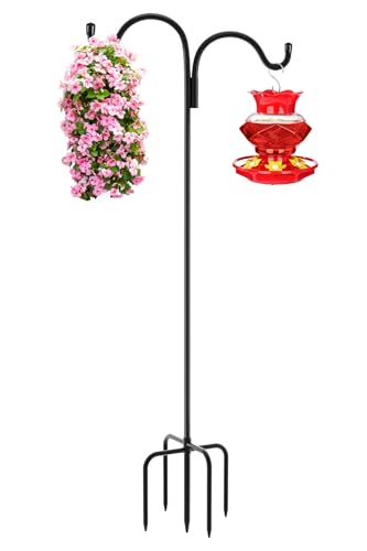 Gtongoko Double Shepherds Hook for Outdoor, 92 Inch Bird Feeder Pole with 5 Prongs Base, 5/8 Inch Thick Heavy Duty Adjustable Garden Hook for Hanging