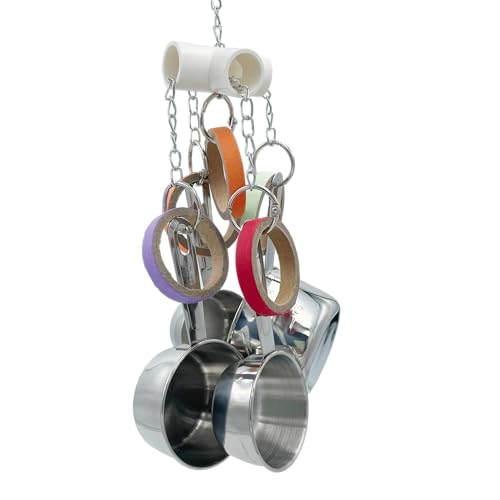 Durable Bird Parrots Pots and Bagel Toys, Pullable Stainless Steel Cup and Cardboard Ring Toys for s Mini Macaws African Greys Cockatoos Eclectus