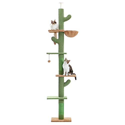 PAWZ Road Cat Tree, Cactus Floor to Ceiling Cat Tower with Adjustable Height(95-108 Inches), 5 Level Cat Climbing Tower with Cozy Hammock, Platforms