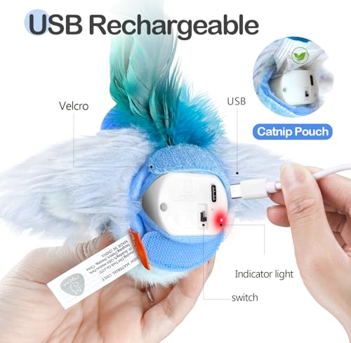 Migipaws Interactive Flapping Bird Cat Toys with Rod, clamp, Elastic String and Catnip, Automatic Chirping Toys for Indoor Cats to Chase, Hanging