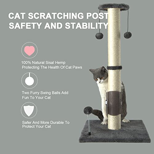 PEEKAB 32" Tall Cat Scratching Post Sisal Scratch Posts,with Hanging Ball and Self-Massage Brush Vertical Scratcher for Indoor Cats and Kittens Gray