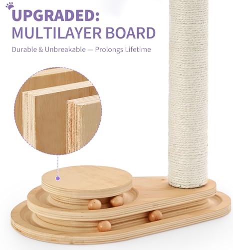 Made4Pets Cat Scratching Post Cat Scratcher Kitten Toys for Indoor Cats Wooden Ball Track Two-Layer Modern Sisal 17.7" Tall Scratch Post Interactive