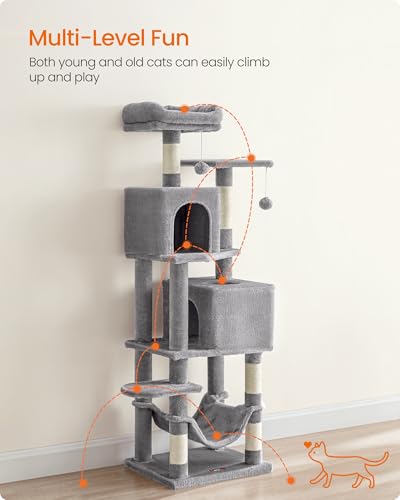 Feandrea Cat Tree, 59.5-Inch Tall Cat Tower, Plush Multi-Level Condo with 5 Scratching Posts, 2 Perches, 2 Caves, Hammock, 2 Pompoms, Light Gray