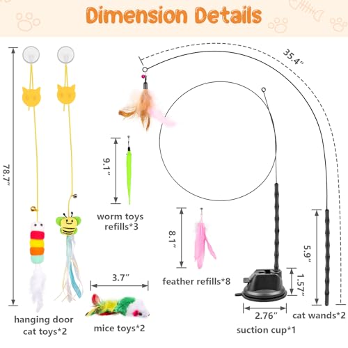 Depets Cat Wand Toy, 15 Pcs Interactive Cat Feather Toys for Indoor Self Play & Exercise, 2 Play Modes Kitten Teaser Wand, Reusable Suction Cup