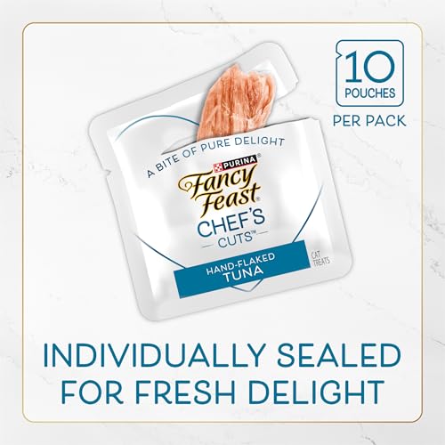 Purina Fancy Feast Purely Hand-Flaked Tuna Cat Treats, Steam-Baked Real Tuna, Pack of 5, 10 Count Pouches