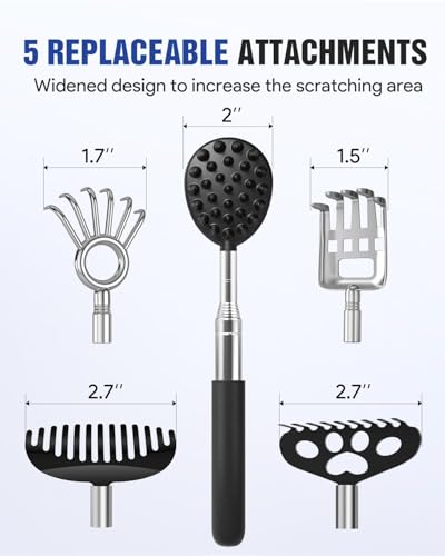 Gelibo Telescoping Large Back Scratcher with 5 Detachable Heads,Rubber Handles Gifts for Him, Gifts for Men, Extendable Back Massager Tool with