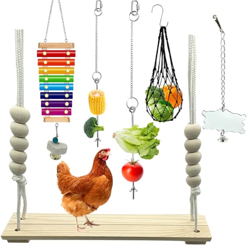 6 Packs Chicken Toys for Coop Accessries, Chicken Swing Toys for Chicken Hens, Chicken Xylophone Toys and Mirror, Vegetable Hanging Feeder, Veggies