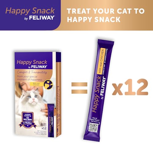 Happy Snack by FELIWAY®, Delicious, Lickable, Squeezable Purée Cat Treats for a Daily Calming Routine, Made with Real Chicken, 12 Pack (0.5oz Tubes)