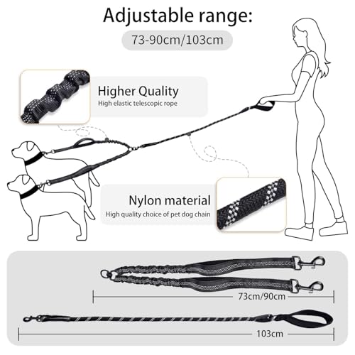 Durable Double Dog Leash Two Dog Leash No Tangle with Padded Handles & Reflective Strips for Medium Large Dogs, Comfortable Shock Absorbing Bungee