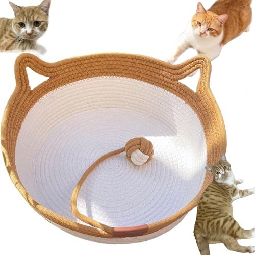 Large Stimulicat Cat Bed Rope Cotton with Cushion, Eliminates Bed Rejection Round Pet Basket, Boho Catbed for Cats Handwoven Scratchable Breathable