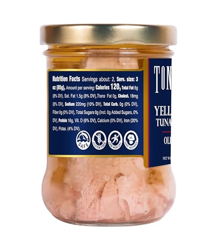 Tonnino Yellowfin Tuna Fish Premium - Olive Oil – Pack of 6 – Alternative to Salmon – Protein Snacks – Ready to Eat Meals in Glass Jar