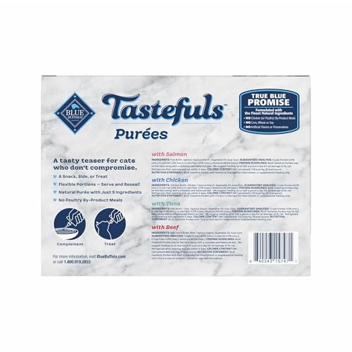 Blue Buffalo Tastefuls Purées Natural Cat Food Complement with 5 Ingredients, Chicken, Tuna, Beef, 3-oz Resealable Pouches, 12-ct Variety Pack