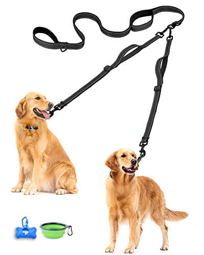 PetBonus Double Dog Leash, No Tangle Dual Leash, Reflective Walking Training Lead, 4 Comfortable Padded Handles for 2 Dogs with Collapsible Bowl and