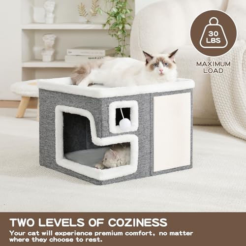 Cat Houses for Indoor Cats, Covered Cave Bed with Scratch Pad and Fluffy Ball, Foldable Cat Hideaway Condo for Large Cats, Modern Kitten