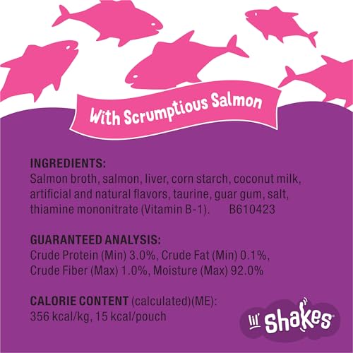 Purina Friskies Pureed Cat Food Topper, Lil’ Shakes With Scrumptious Salmon Lickable Cat Treats - (Pack of 16) 1.55 oz. Pouches