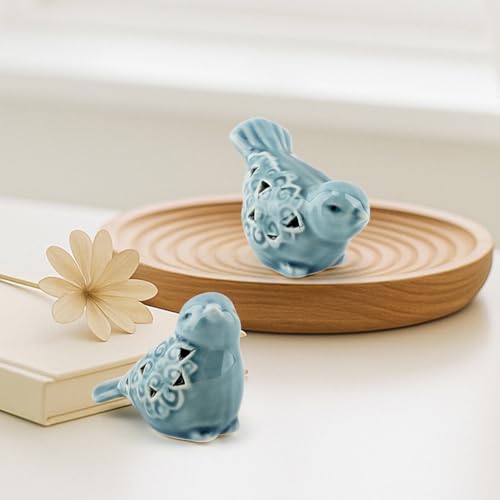 Pair of Blue Bird for Home Decor, Farmhouse Ceramic Bird Statue Sculpture Birds Ornaments, Small Decor for Shelves Entryway TV Stand Bookcase, Garden