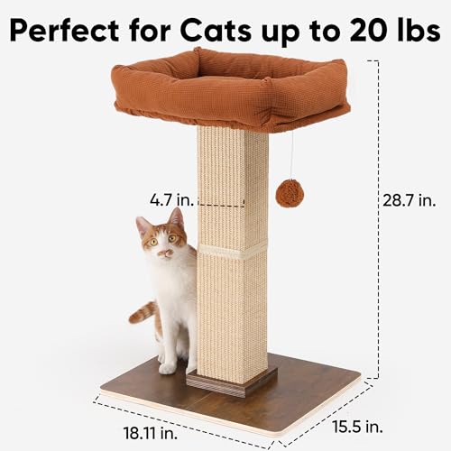 FUKUMARU Cat Scratching Post, Retro-Style Tall Scratch Posts with Perch for Infoor Cats Adults, Large Cat Scratcher Tower with Bed, Natural Sisal