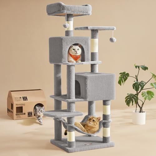 Feandrea Cat Tree, 59.5-Inch Tall Cat Tower, Plush Multi-Level Condo with 5 Scratching Posts, 2 Perches, 2 Caves, Hammock, 2 Pompoms, Light Gray