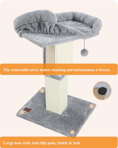 Karolpar 32" Cat Scratching Post for Indoor Cats, Sisal Cat Scratcher with Plush Perch, Large Scratch Post with Bed, Removable Cover, Sisal