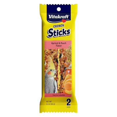 Vitakraft Crunch Sticks Cockatiel Treat Apricot Peach Flavor - Triple Baked Long Lasting Bird Treats with Natural Wood Chew Center for Beak Health