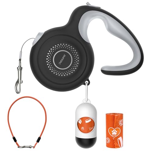 16Ft Retractable Dog Leash with Chew-Proof Steel Cable, 360° Tangle-Free, Shock Absorbing, Built-in Poop Bag Dispenser, Ergonomic Comfort Grip Handle