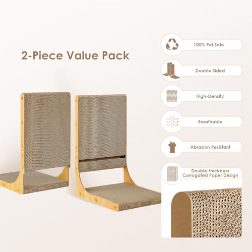 EHEYCIGA 2-Pack Cat Scratcher, 25.6 Inch L-Shaped Cardboard Scratch Pad for Indoor Cats, Vertical Cat Scratching Board with Ball Toy, Furniture