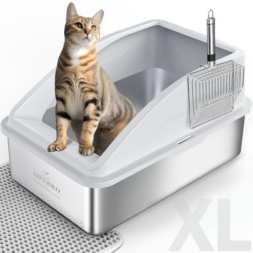 Stainless Steel Litter Box | XL Enclosed Cat Litter Boxes with Lid for Big Cats | High Sided, Anti-Urine Leakage | Non-Stick Bottom & Includes Litter
