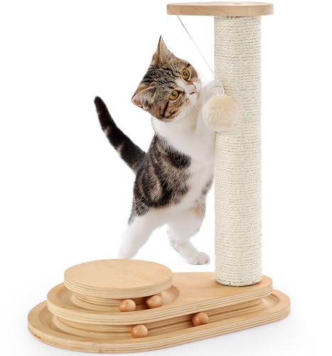 Made4Pets Cat Scratching Post Cat Scratcher Kitten Toys for Indoor Cats Wooden Ball Track Two-Layer Modern Sisal 17.7" Tall Scratch Post Interactive