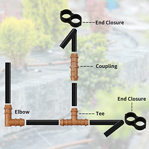 JAYEE 24P Drip Irrigation Fittings Kit for 1/2" Tubing (.600 ID), 17mm Parts- 6 Tees, 6 Couplings, 6 Elbows,6 End Cap Plugs- Barded Connectors for