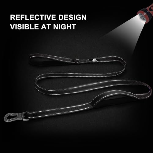 TwoEar 6FT 1IN Strong Black Dog Leash with 2 Padded Handles, Traffic Handle Extra Control, Comfortable Soft Dual Handle, Auto Lock Hook, Reflective