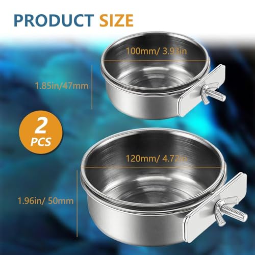 2Pcs Stainless Steel Bird Feeding Bowls, Small Bird Feeding Cup, Stainless Steel Parrot Food Bowl Cage with Holder, Parrot Cage Water Feeder, Pet