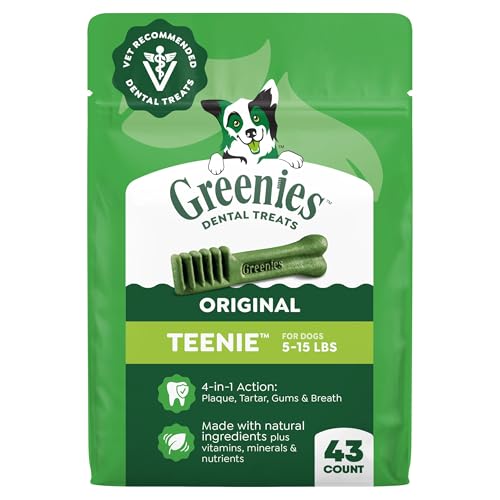 Greenies Veterinarian-Recommended Adult Natural Dental Dog Treats Teenie Size, Dog Dental Chews, Original Flavor, 12 oz. Pack, 43 Count