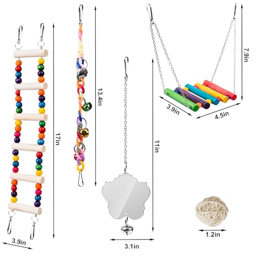 Bird Toys for Parakeets 7Pcs, Wood Parrots Budgie Cage Accessories, Bird Perch Swings for Small Conure Cockatiel Toys, Bird Ladder Swing for