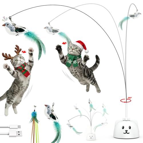 Interactive Cat Toys for Indoor Cats: Upgraded 360° Automatic Spin Flying Bird Feather Wand with Silicone Protected Rod Safe Play, Strong 8cm Suction