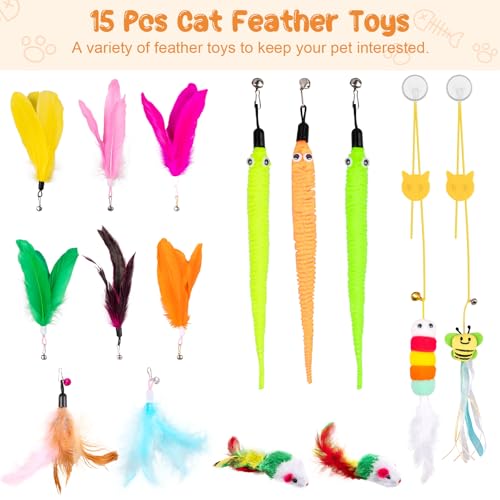 Depets Cat Wand Toy, 15 Pcs Interactive Cat Feather Toys for Indoor Self Play & Exercise, 2 Play Modes Kitten Teaser Wand, Reusable Suction Cup