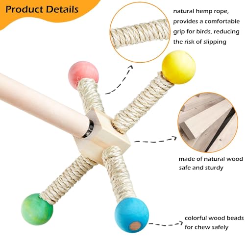 Bird Stand Perch Toy, Interactive Spinning Parakeet Toys, Wooden Exercise Wheel Parrot Toy, Enrichment Cockatiel Toy for Birds Cage, Bird Cage
