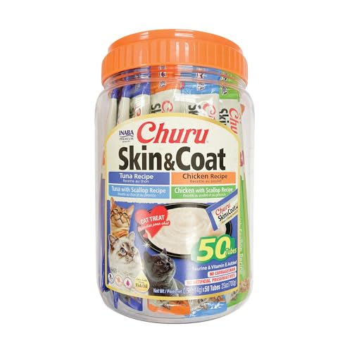 INABA Churu for Skin & Coat, Lickable, Squeezable Cat Treat with Omega Oils, Taurine and Vitamin E, 0.5 Ounces Each Tube, 50 Tubes, Skin & Coat