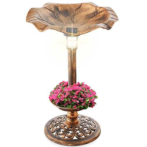 Best Choice Products Outdoor Solar Lighted Pedestal Bird Bath Fountain Decoration w/Planter, Integrated Panel, Scroll Accents for Lawn, Garden