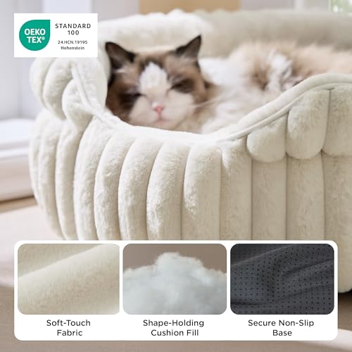 Bedsure ComfyFleece™ Cat Bed, Washable Round Cute Pet Beds for Indoor Cats, Super Soft Corduroy Kitten Bed with Anti-Slip Bottom, 20''x20''x8'', Cream