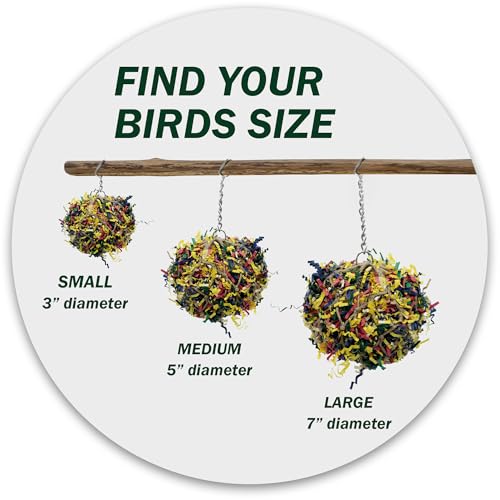 3” Super Shredder Ball Bird Toy - Fun Foraging Toys for Birds w/ Colorful Paper & Wooden Treasures - Easy to Hang Shredding Toys for Birds - Bird
