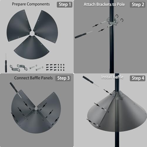 Squirrel baffle for bird feeders pole, squirrel proof cone for outdoors shepherds hook. Squirrels deterrent for bird house, large squirrel