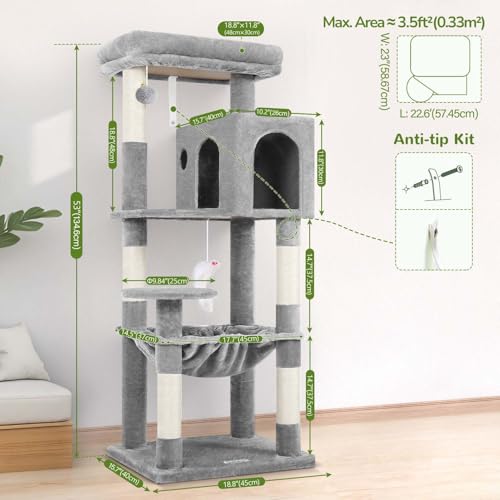 Globlazer Cat Tree Tower with Scratching Post for Indoor Cats, 53inch Tall Plush Multi-Level Cat Climbing Tower Condo House with Large Hammock