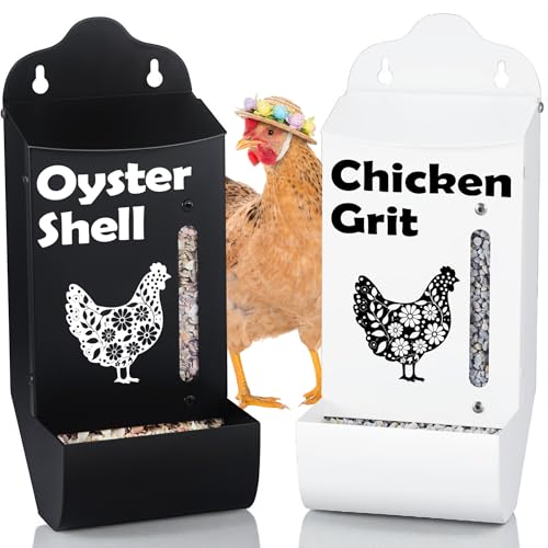 CluckRoots Chicken Grit and Oyster Shell Feeder Combo, No-Spill Weatherproof Heavy-Duty Design, Lift-Off Wall-Mounted Metal Dispenser w/View Window